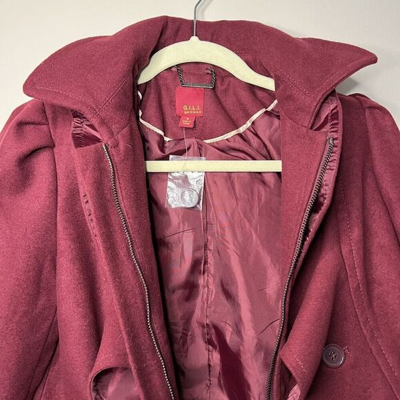 G.I.L.I. got it love it Womens Ruffled Front Jacket Maroon Poly Blend Coat Sz 6 - Picture 5 of 10